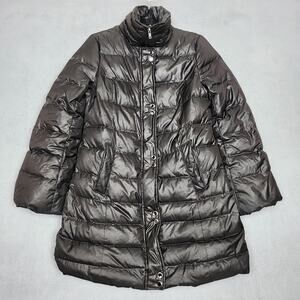 Soia & Kyo Down Puffer Coat Womens Medium Black Quilted Zip Mid Length Warm